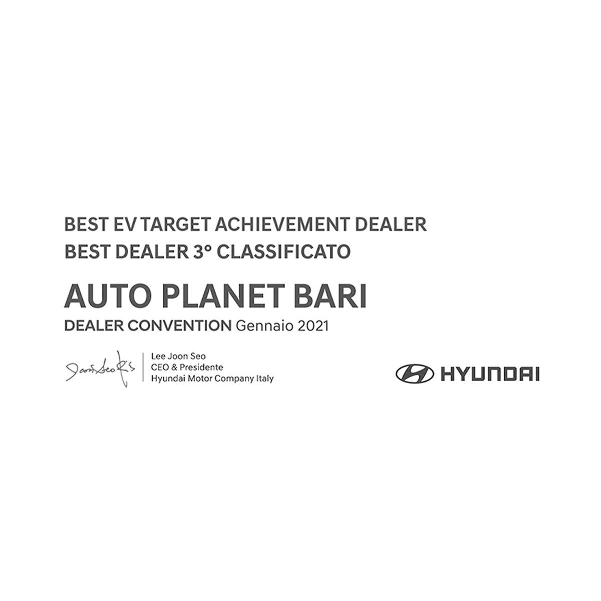 HYUNDAI DEALER CONVENTION GENNAIO 2021 - PREMIO AUTO PLANET BARI